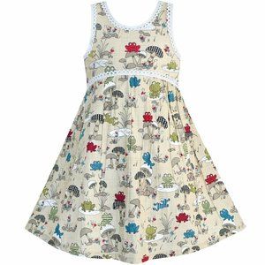 SOLD - Girls Sleeveless Frogs Mushrooms Beige Cotton Casual Dress Size 6